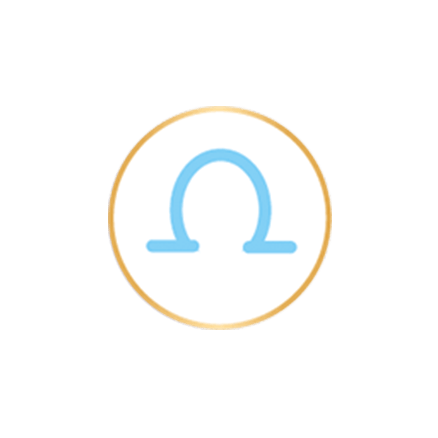 Blaues Omega-Symbol in einem goldenen Kreis auf weißem Hintergrund