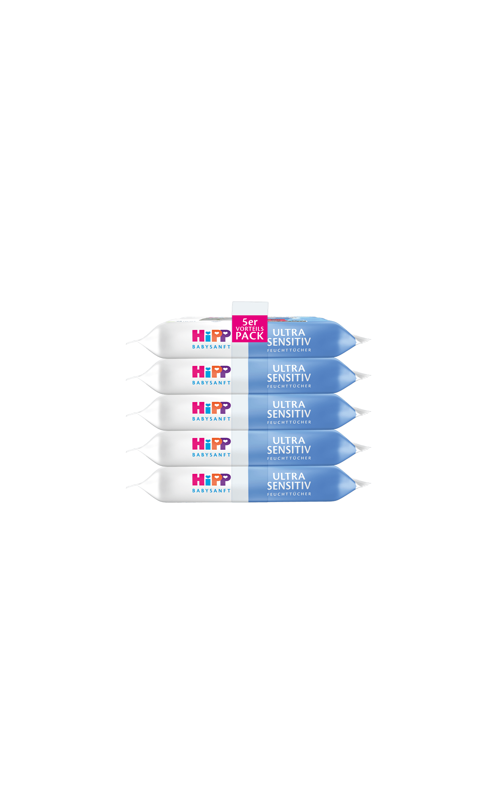 HiPP Ultra Sensitiv Feuchttücher im 5er Vorteilspack, weiße und blaue Babysanft-Verpackungen für sensible Babyhaut