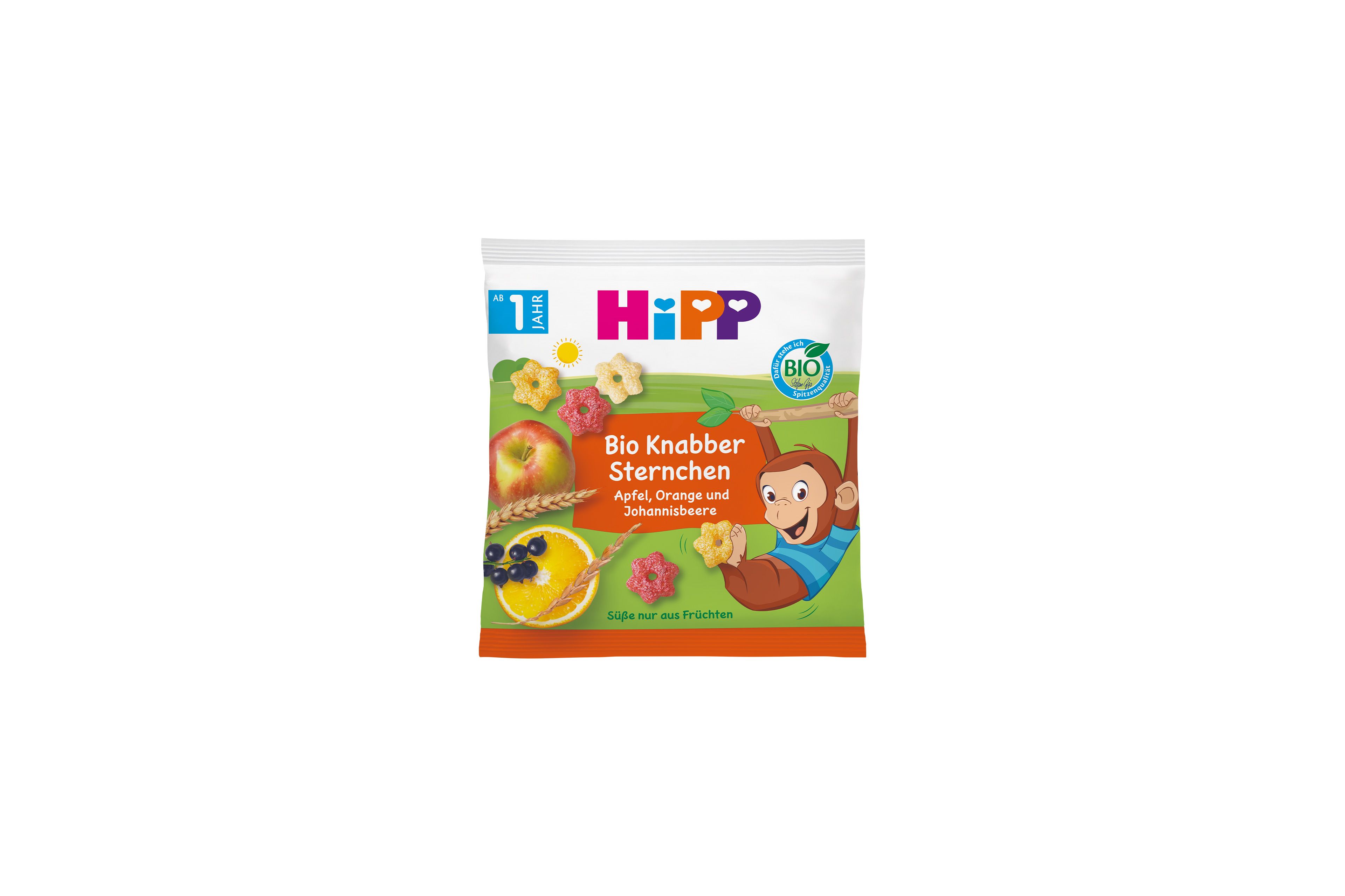 HiPP Bio Knabber Sternchen Snackpackung mit Apfel, Orange, Johannisbeere und spielendem Affenmotiv auf grün-oranger Vorderseite