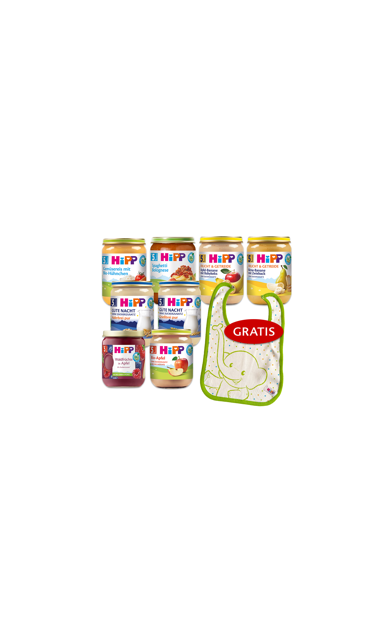 HiPP Bio-Babygläschen-Auswahl mit verschiedenen Menüs und Obstbreien plus gratis Lätzchen mit Elefantenmotiv