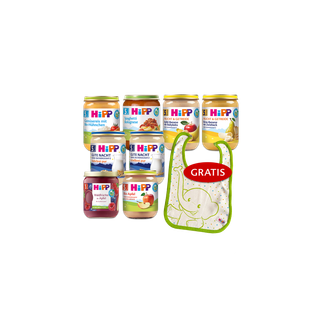 HiPP Beikost-Starterpaket mit mehreren Bio-Breigläsern und einem gratis Lätzchen mit Elefantenmotiv auf schwarzem Hintergrund