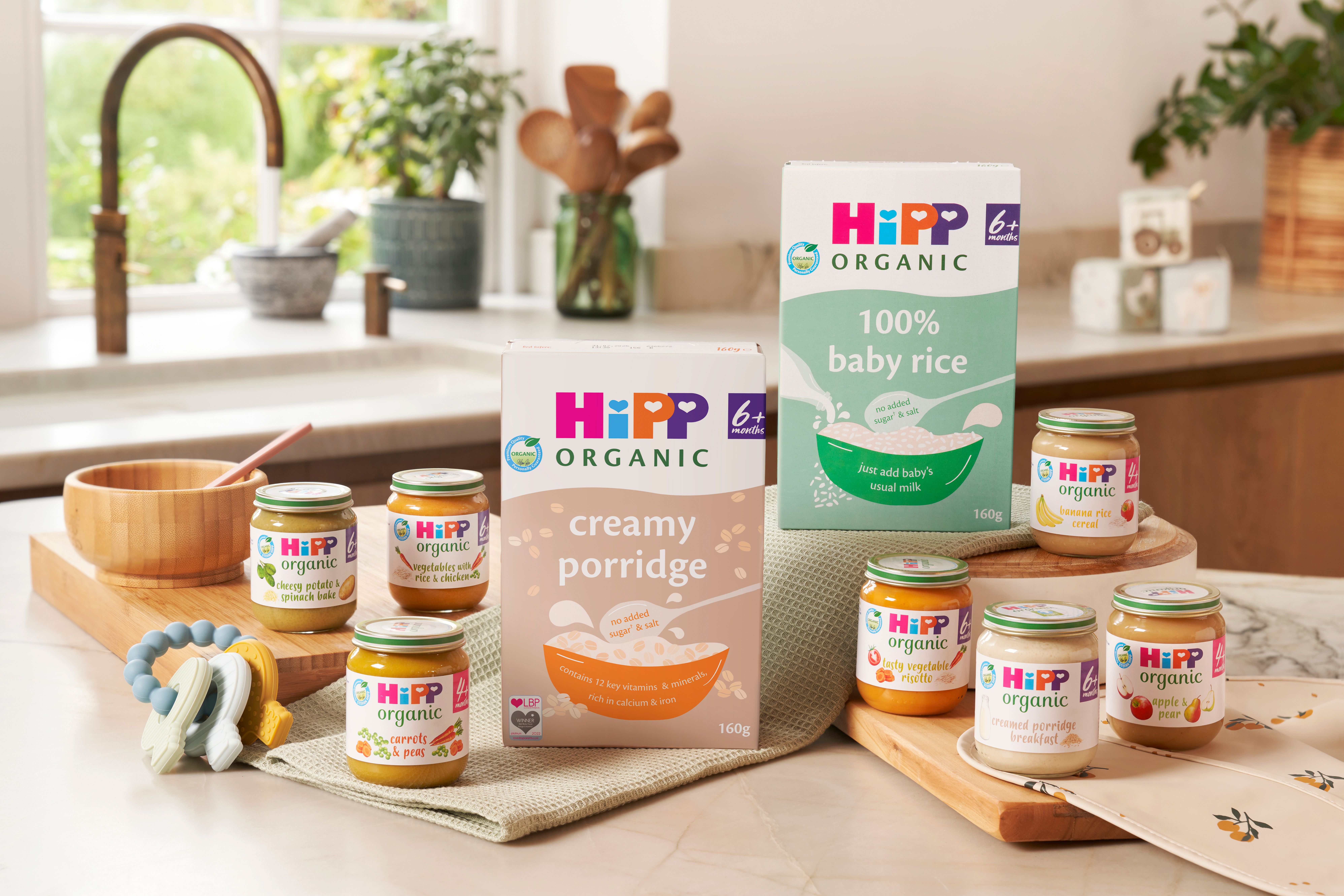HiPP Organic baby foods for stage 1 of weaning on a kitchen worktop