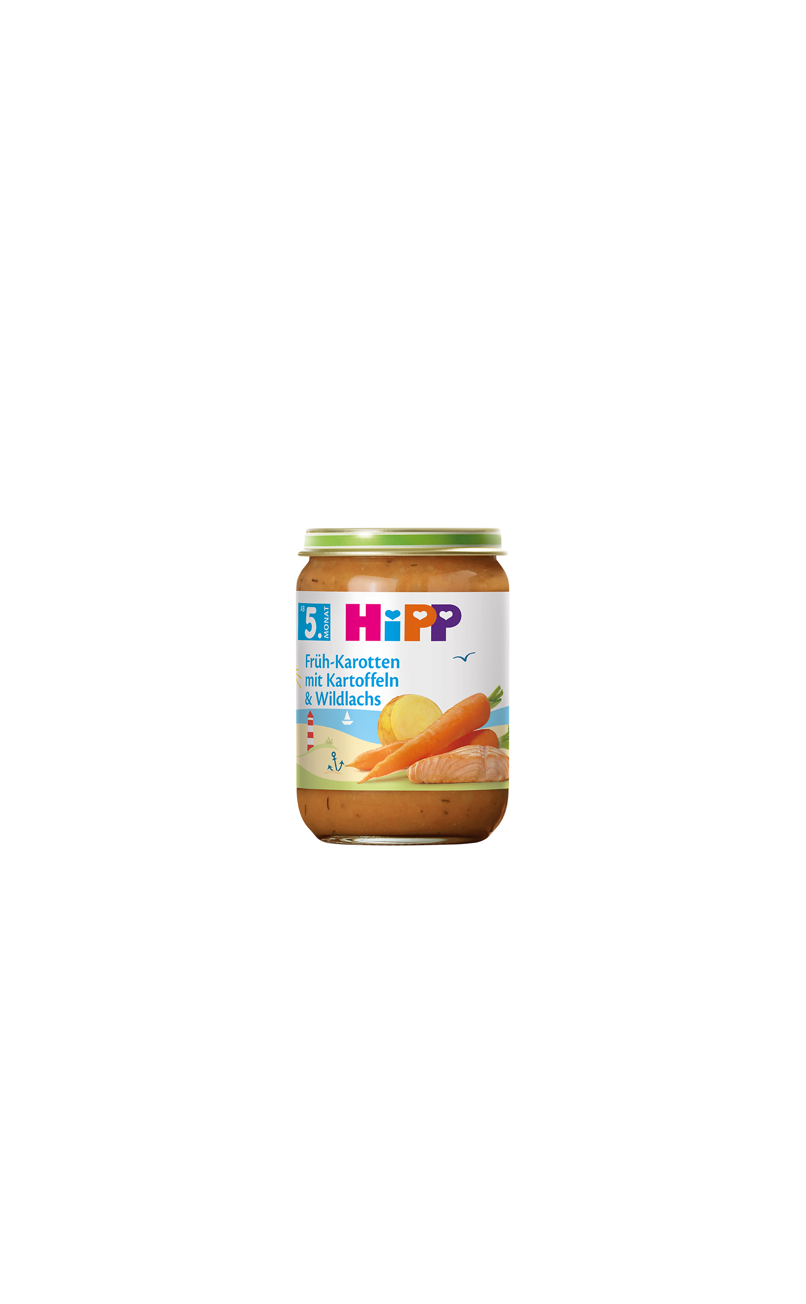 HiPP Früh-Karotten mit Kartoffeln & Wildlachs Bio-Babygläschen ab dem 5. Monat vor schwarzem Hintergrund