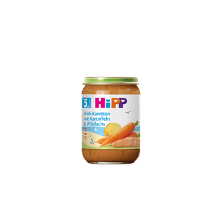 HiPP Früh-Karotten mit Kartoffeln & Wildlachs Bio-Babygläschen ab dem 5. Monat vor schwarzem Hintergrund