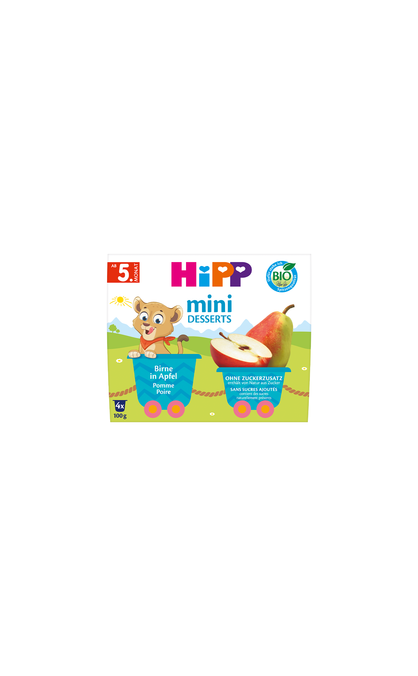 HiPP Bio Mini Desserts Birne in Apfel, 4x100g Becher ab dem 5. Monat, Packung mit Birne- und Apfelmotiv ohne Zuckerzusatz