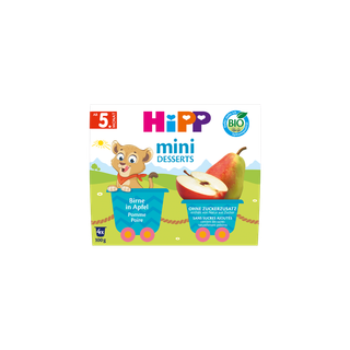 HiPP Bio Mini Desserts Birne in Apfel, 4x100g Becher ab dem 5. Monat, Packung mit Birne- und Apfelmotiv ohne Zuckerzusatz