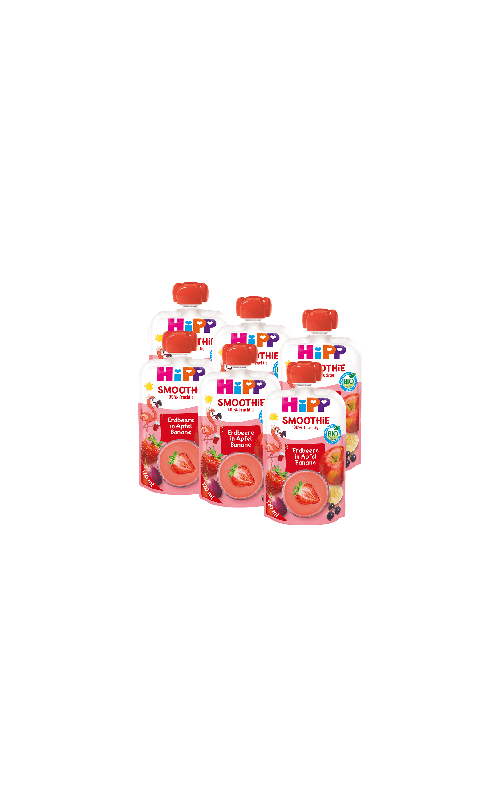 6er-Pack HiPP Smoothie Quetschbeutel Erdbeere in Apfel Banane, 120 ml, fruchtiger Bio-Snack für unterwegs
