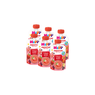 6er-Pack HiPP Smoothie Quetschbeutel Erdbeere in Apfel Banane, 120 ml, fruchtiger Bio-Snack für unterwegs