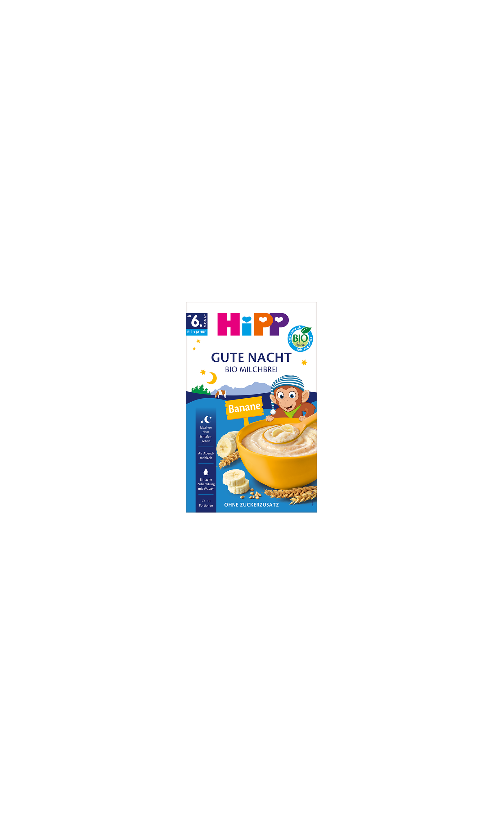 HiPP Gute Nacht Bio Milchbrei Banane Packung mit Schüssel Brei, Bananenscheiben und Getreideähren auf blauem Hintergrund