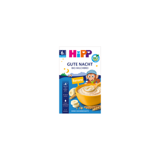 HiPP Gute Nacht Bio Milchbrei Banane Packung mit Schüssel Brei, Bananenscheiben und Getreideähren auf blauem Hintergrund