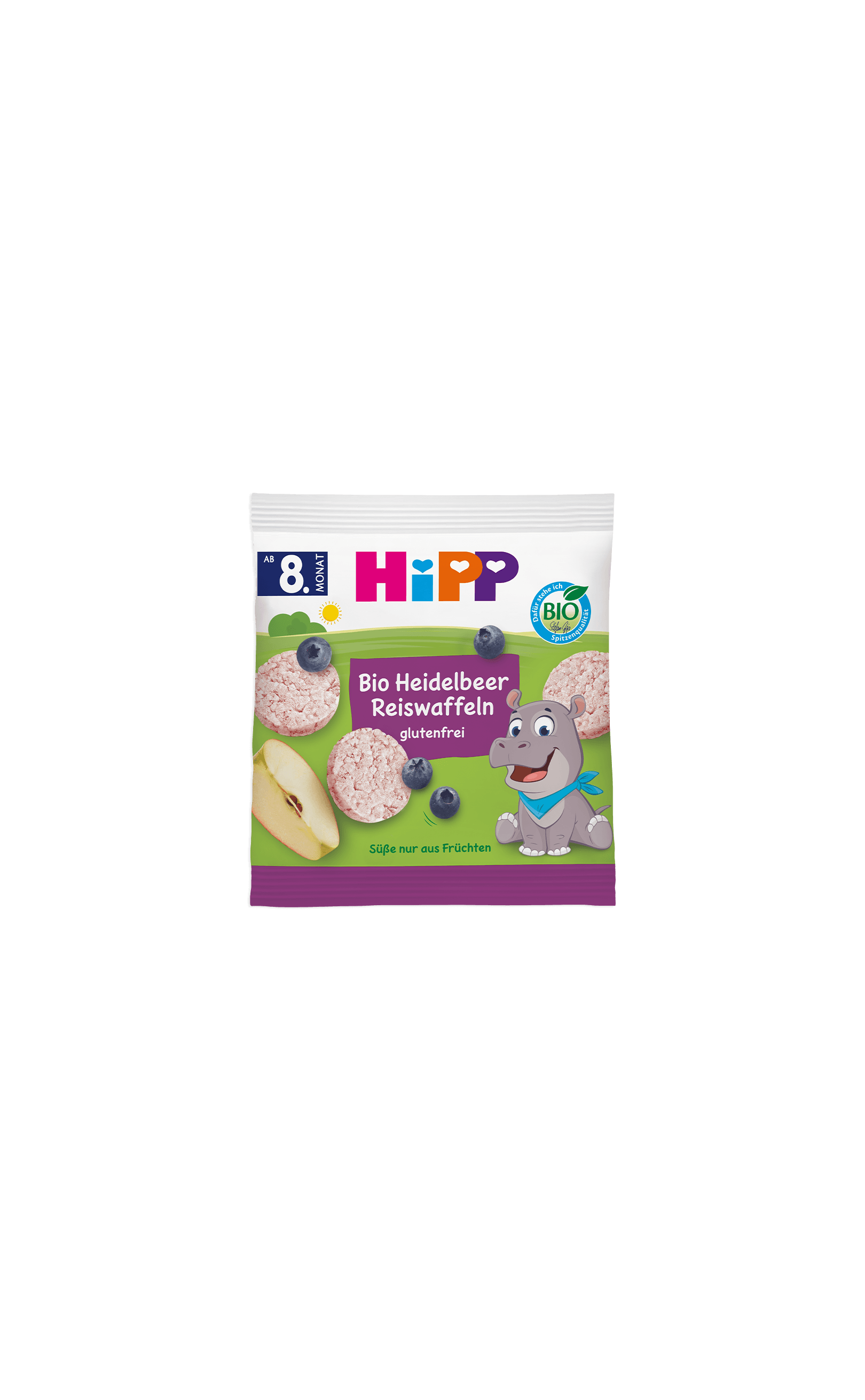 HiPP Bio Heidelbeere Reiswaffeln Packung für Babys ab 8 Monaten mit Reiswaffeln, Heidelbeeren, Apfelstück und Nilpferd-Motiv