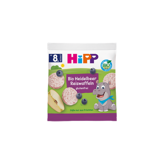 HiPP Bio Heidelbeere Reiswaffeln Packung für Babys ab 8 Monaten mit Reiswaffeln, Heidelbeeren, Apfelstück und Nilpferd-Motiv