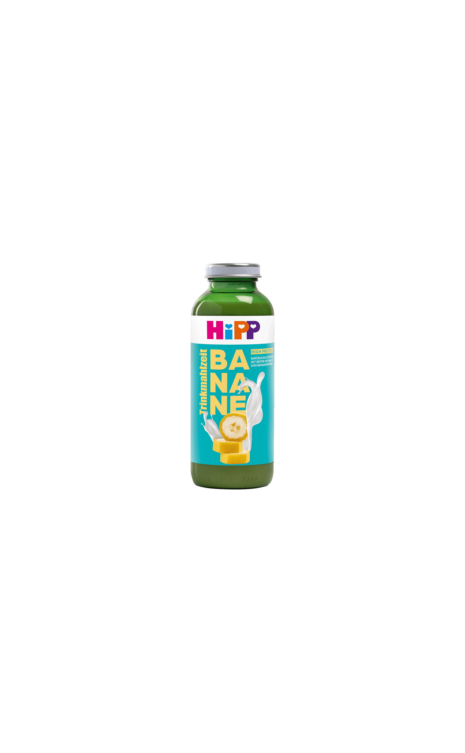HiPP Trinkmahlzeit Banane in grüner Glasflasche mit türkisfarbenem Etikett, Bananenscheiben und Milch-Splash auf schwarzem Hintergrund