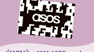 A light purple promotional banner displaying a tilted, black-and-white pixelated card featuring the ASOS logo in white text at its center. Below the card, purple text against a off-white background reads "WIN a £300 ASOS voucher" with stylized sparkle lines around the word "WIN".