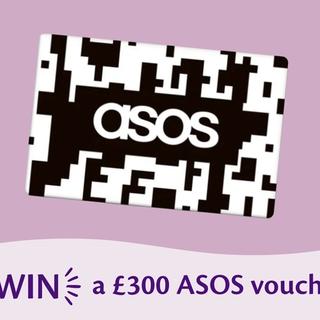 A light purple promotional banner displaying a tilted, black-and-white pixelated card featuring the ASOS logo in white text at its center. Below the card, purple text against a off-white background reads "WIN a £300 ASOS voucher" with stylized sparkle lines around the word "WIN".