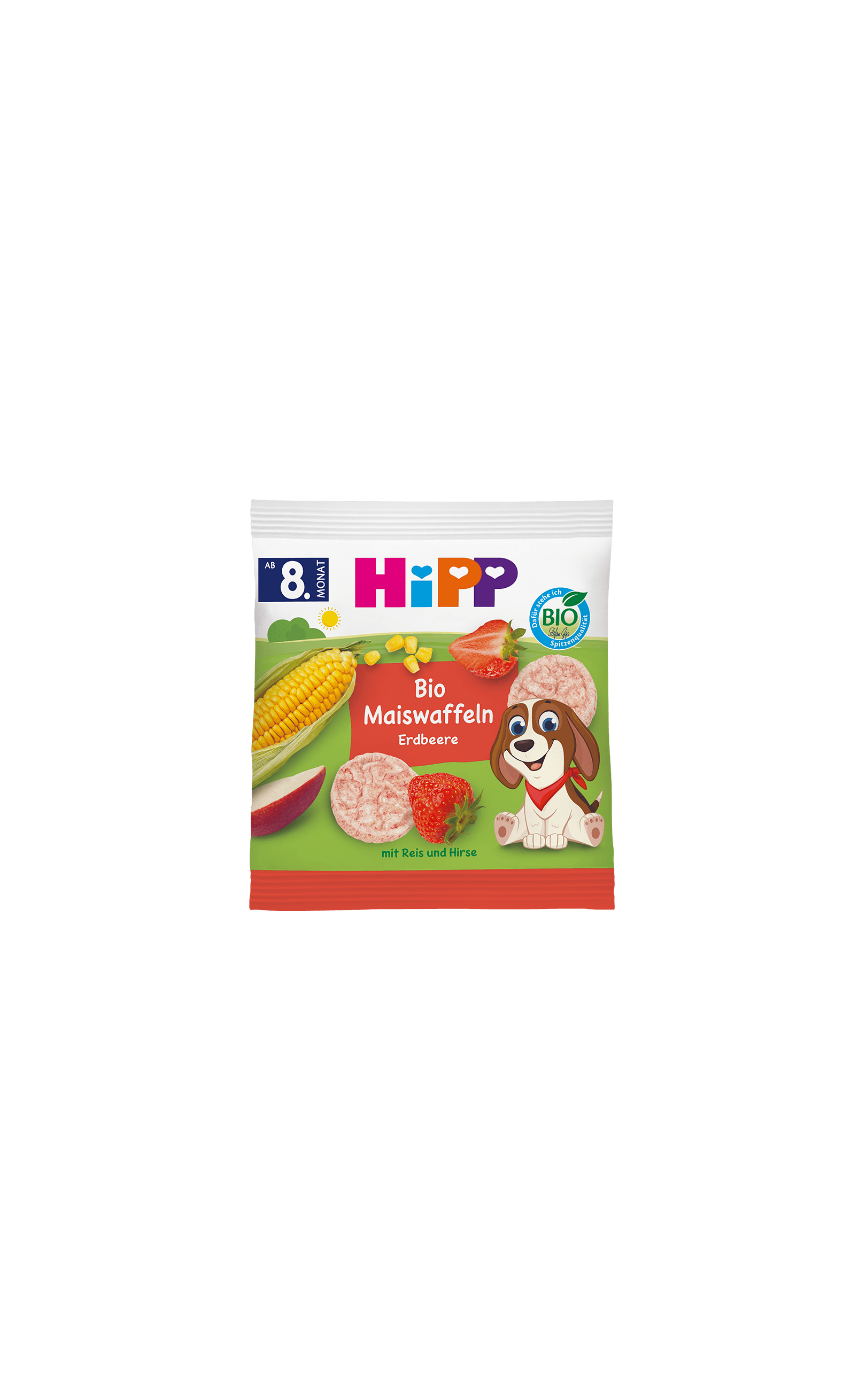 HiPP Bio Maiswaffeln Erdbeere Snackpackung mit Maiskolben, Erdbeeren, Waffeln und Hundemotiv, ab dem 8. Monat