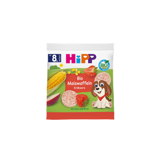 HiPP Bio Maiswaffeln Erdbeere Snackpackung mit Maiskolben, Erdbeeren, Waffeln und Hundemotiv, ab dem 8. Monat