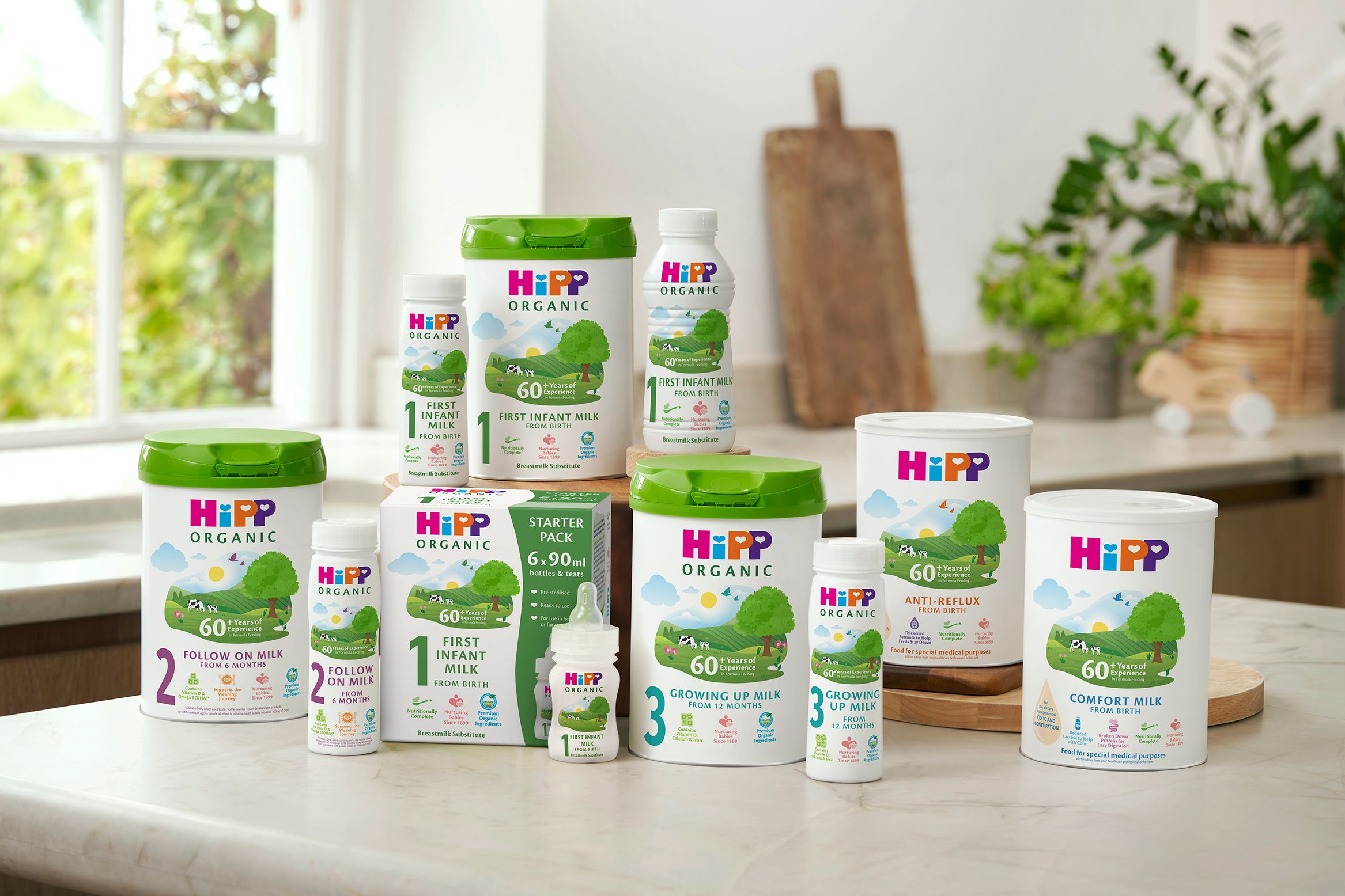 HiPP Organic Formula Milk range on a kitchen worktop