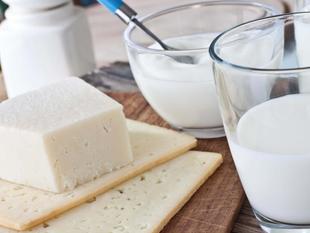 Verschiedene Molkereiprodukte, darunter ein Stück Käse, ein Glas Milch und ein Behälter mit Joghurt, die alle auf einer Holzunterlage platziert sind.