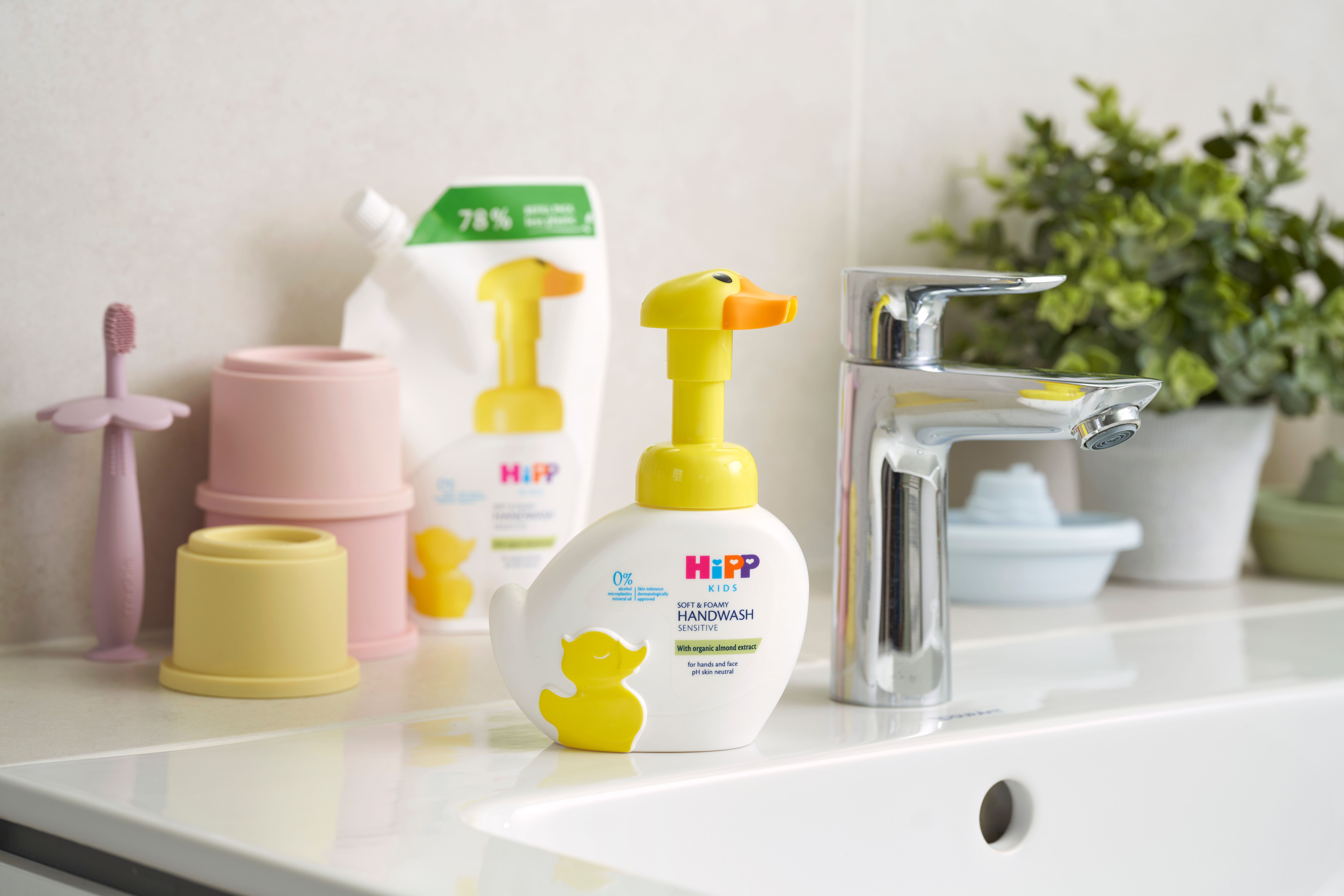 HiPP Kids Handwash Duck and Refill on a bathroom sink