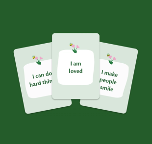Three pastel green toddler affirmation cards on a dark green background with simple bee and flower illustrations.