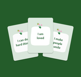 Three pastel green toddler affirmation cards on a dark green background with simple bee and flower illustrations.