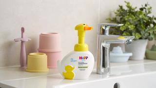 HiPP Kids soft & foamy handwash duck in a utility room next to a tap and sink