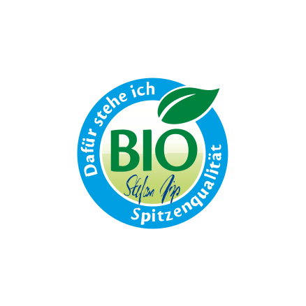 HiPP Bio-Siegel mit dem Text: Dafür stehe ich. BIO Spitzenqualität. Stefan HiPP