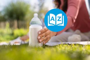 Mutterhand greift nach einem Milchfläschchen im Grünen, darüber ein blaues A–Z-Icon als Symbol für das Milchlexikon.