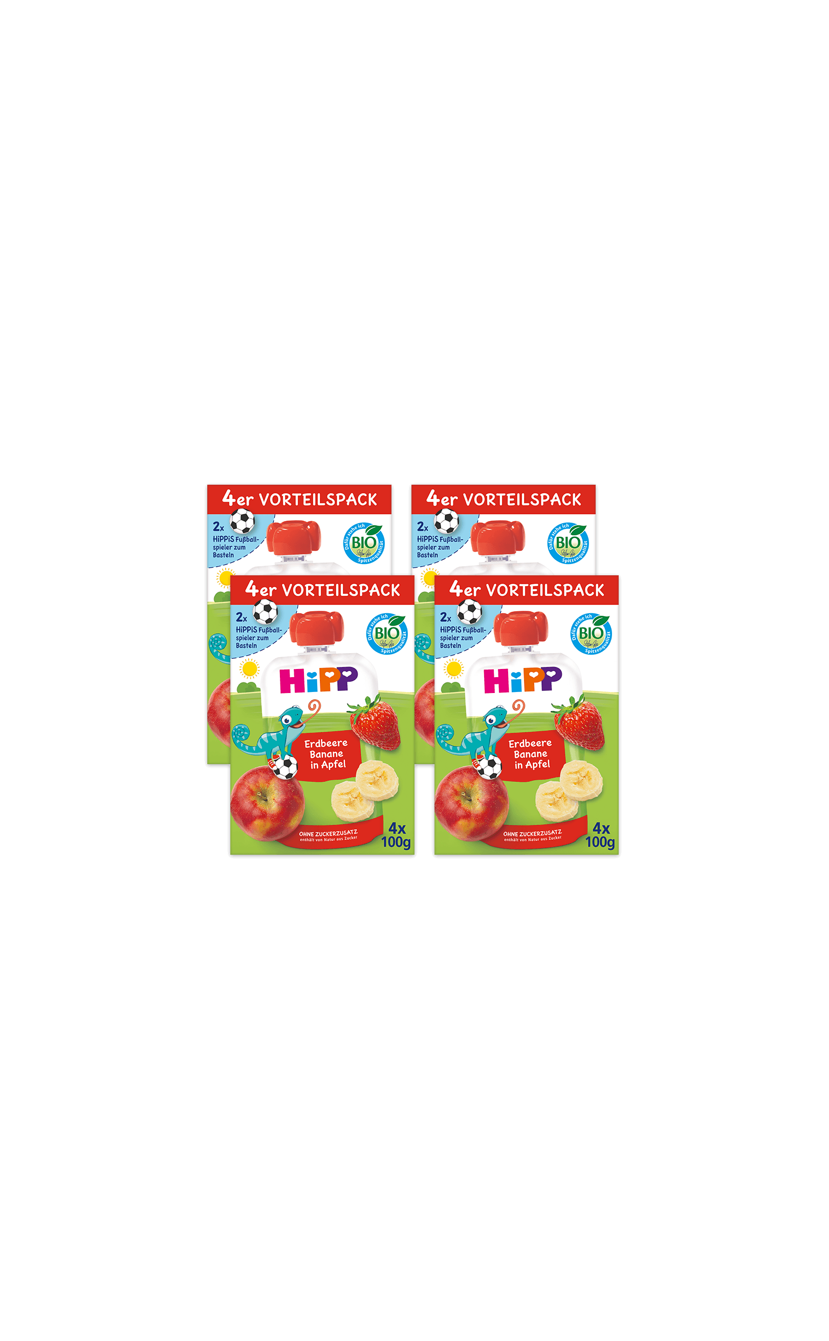 16er Pack HiPP Bio-Quetschbeutel Erdbeere-Banane in Apfel mit rotem Drehverschluss auf schwarzem Hintergrund