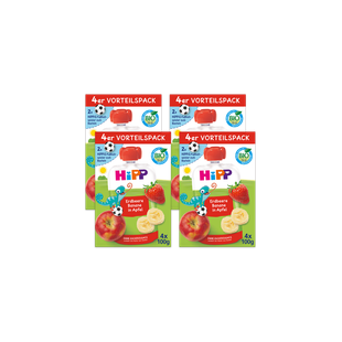 16er Pack HiPP Bio-Quetschbeutel Erdbeere-Banane in Apfel mit rotem Drehverschluss auf schwarzem Hintergrund