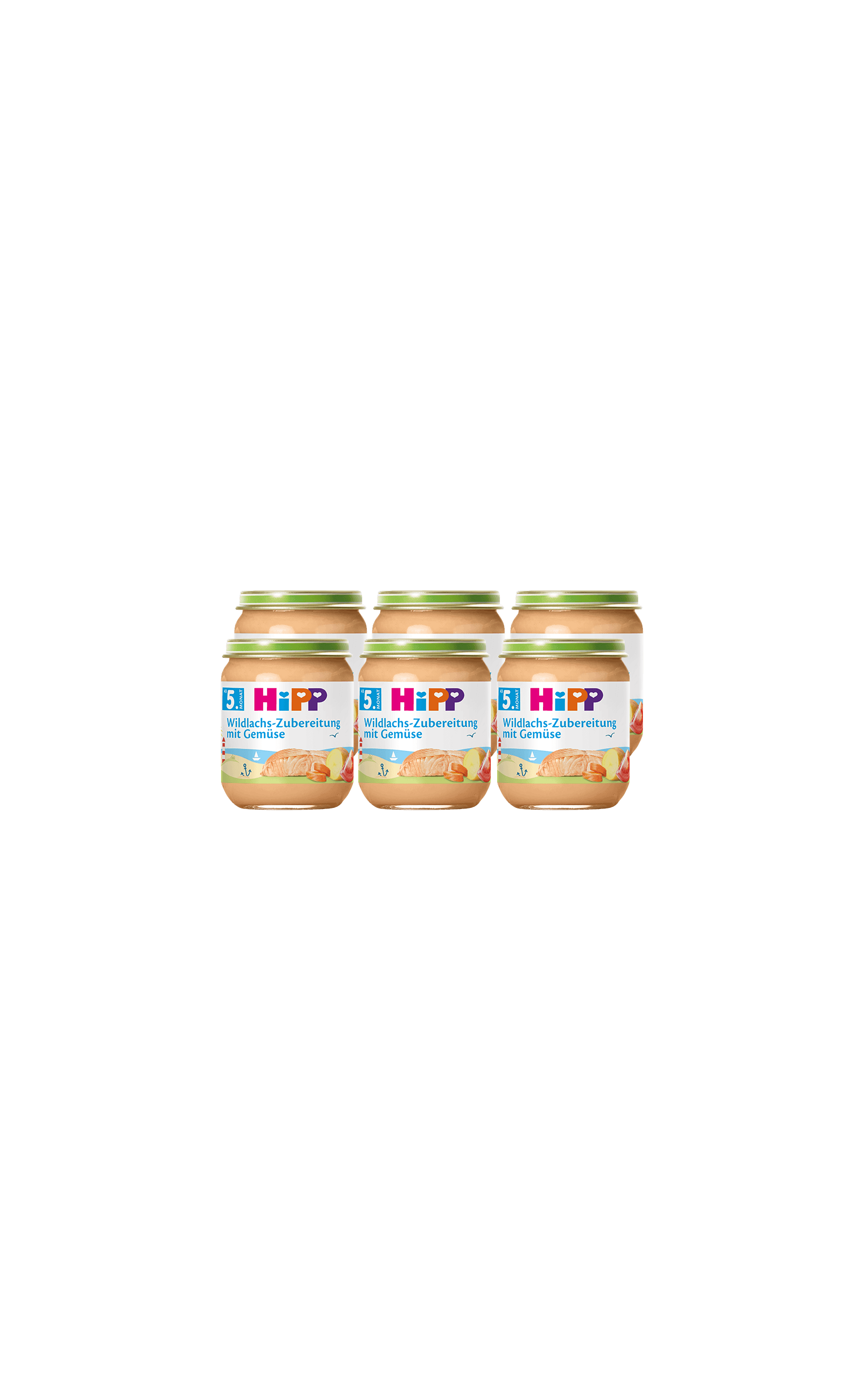 Sechserpack HiPP Babygläschen Wildlachs-Zubereitung mit Gemüse, 6 x 125 g, vor schwarzem Hintergrund