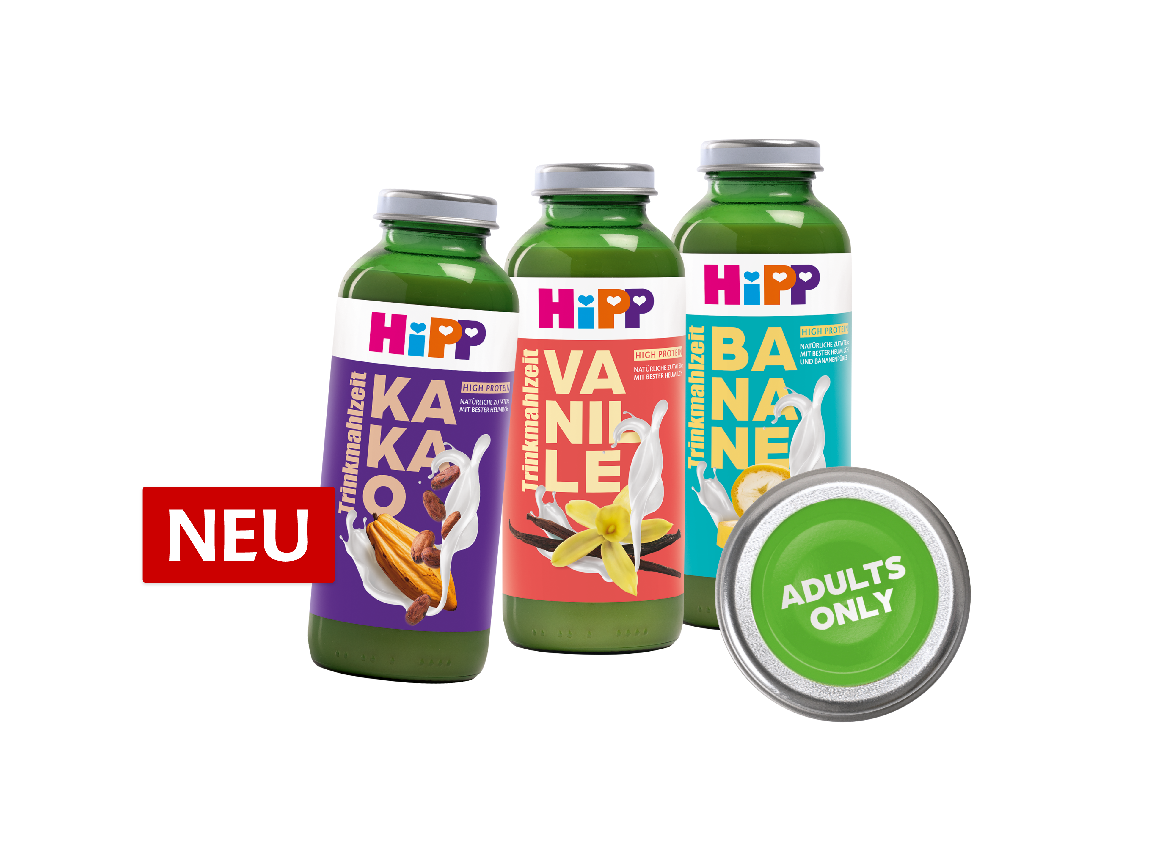 Drei grüne Flaschen mit den Geschmacksrichtungen Kakao, Vanille und Banane, daneben eine grüne Flaschendeckel mit der Aufschrift 'ADULTS ONLY' und ein rotes Schild mit 'NEU'