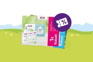 Mehrere Rabattcoupons von HiPP mit Produktabbildungen auf grünem Hintergrund und lila Symbol für Prozentnachlass
