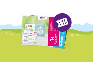Mehrere Rabattcoupons von HiPP mit Produktabbildungen auf grünem Hintergrund und lila Symbol für Prozentnachlass