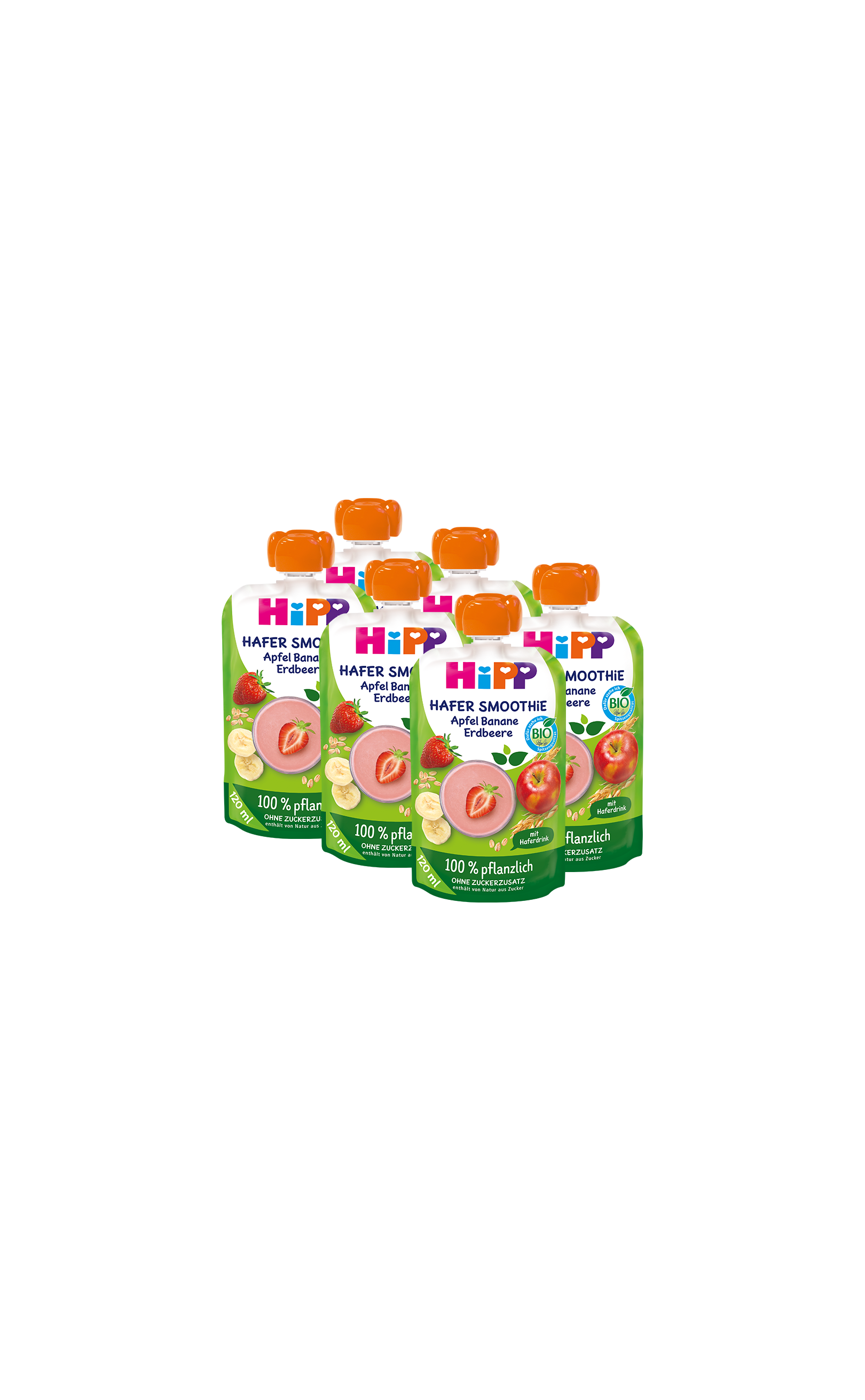 Sechserpack HiPP Hafer Smoothie Apfel Banane Erdbeere in Quetschbeuteln, 100 % pflanzlich ohne Zuckerzusatz vor schwarzem Hintergrund