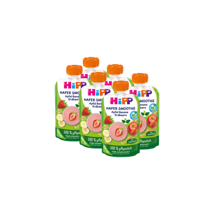 Sechserpack HiPP Hafer Smoothie Apfel Banane Erdbeere in Quetschbeuteln, 100 % pflanzlich ohne Zuckerzusatz vor schwarzem Hintergrund