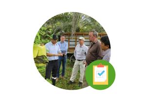 HiPP Experten prüfen Palmölplantage vor Ort, im Vordergrund Symbol für strenge Qualitätskontrollen