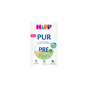 HiPP PUR PRE Bio Anfangsmilch 1x500g Packung mit Naturmotiv und Bio-Siegel auf weißem Hintergrund