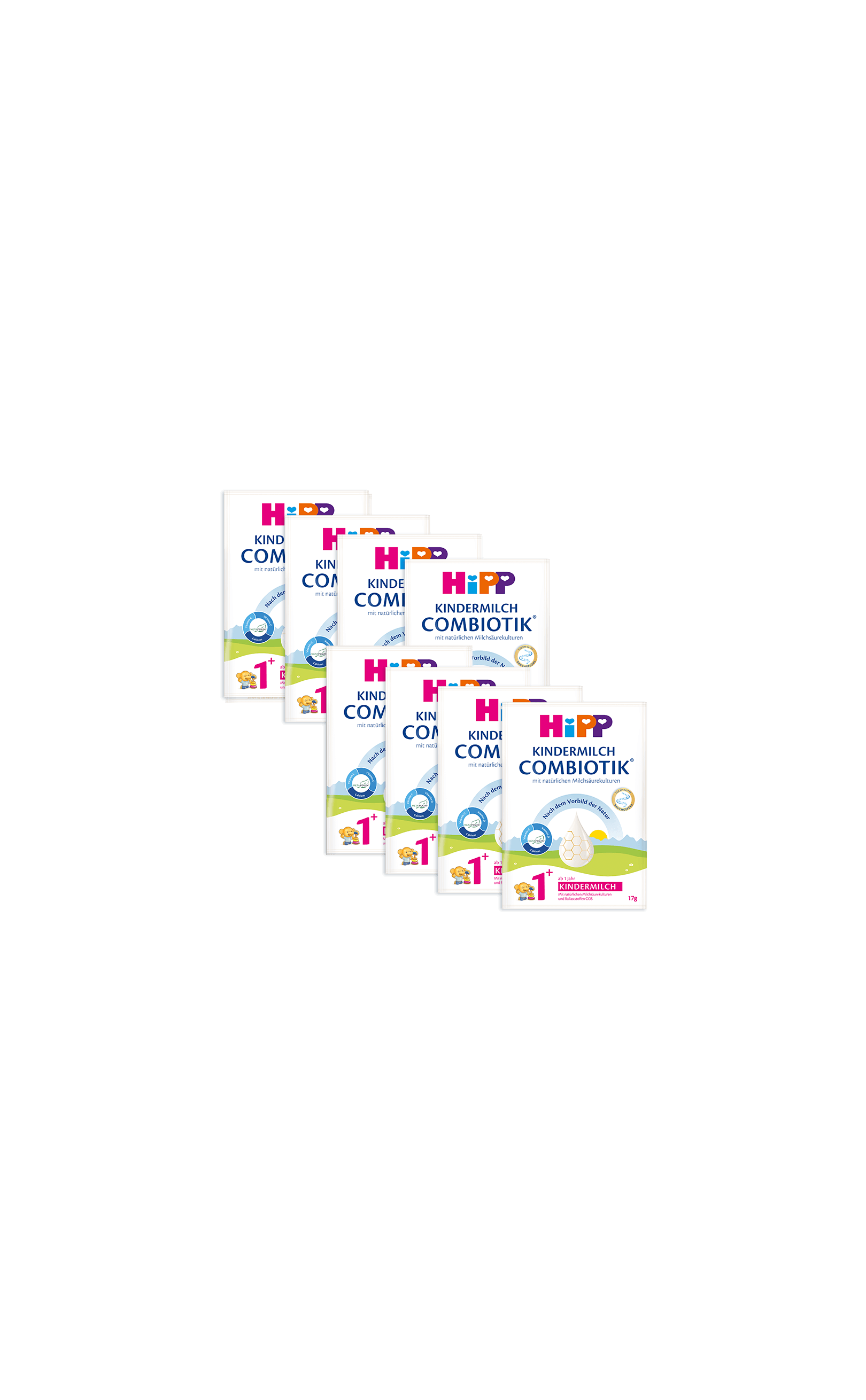 Acht Portionsbeutel HiPP Kindermilch Combiotik 1+ à 17 g, als praktisches Vorratspack für unterwegs und zuhause.