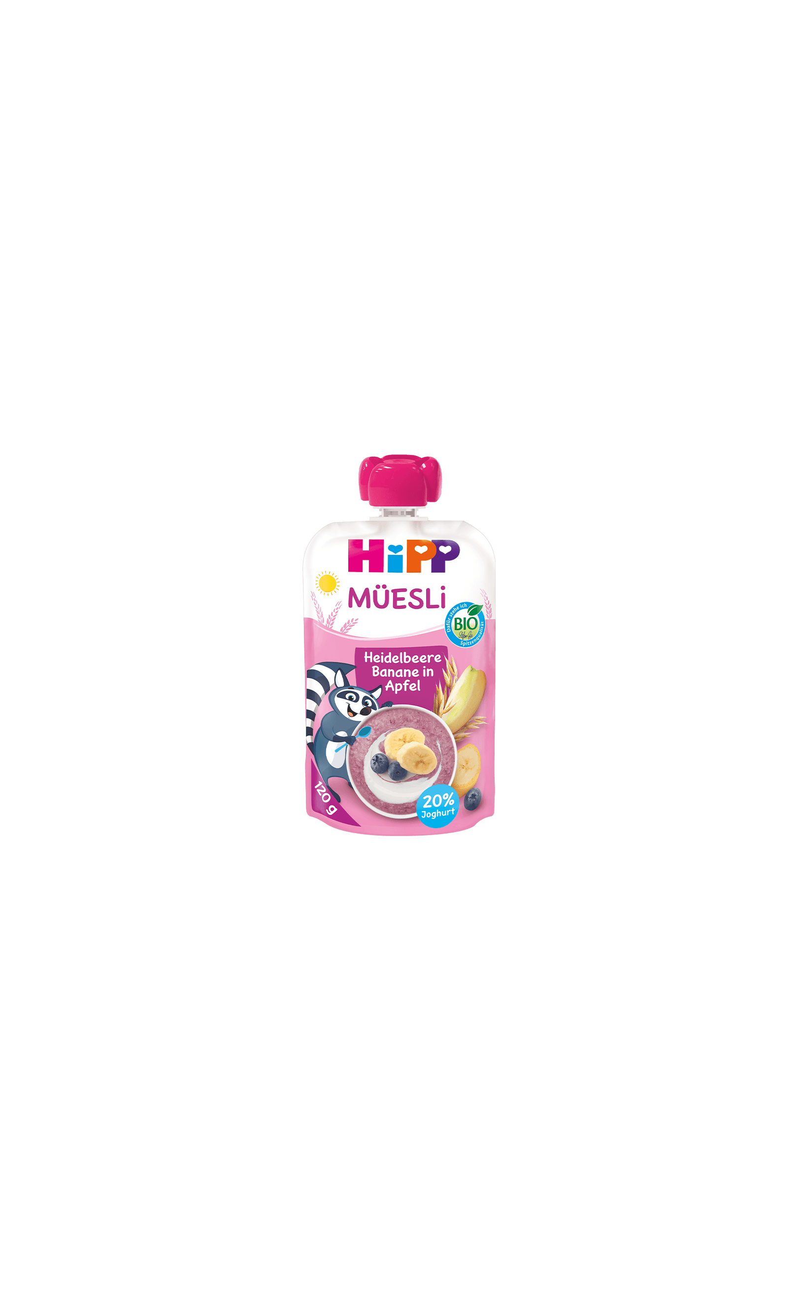 HiPP Bio Müesli Quetschbeutel Heidelbeere Banane in Apfel mit Joghurt, 120 g, auf weißem Hintergrund