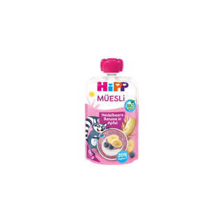 HiPP Bio Müesli Quetschbeutel Heidelbeere Banane in Apfel mit Joghurt, 120 g, auf weißem Hintergrund