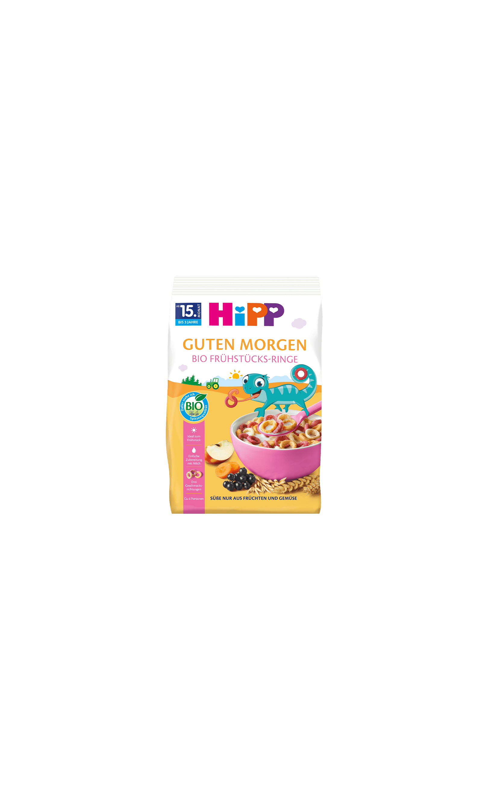 HiPP Guten Morgen Bio Frühstücks-Ringe Packung mit bunter Müslischale, Getreide und Früchten auf gelbem Hintergrund