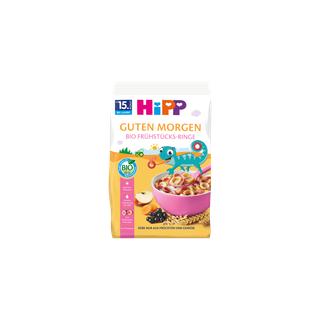 HiPP Guten Morgen Bio Frühstücks-Ringe Packung mit bunter Müslischale, Getreide und Früchten auf gelbem Hintergrund