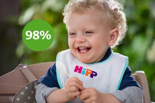 Fröhlich lachendes Baby im Hochstuhl mit HiPP-Lätzchen, daneben grüner Kreis mit „98 %“ Zufriedenheit der Eltern.