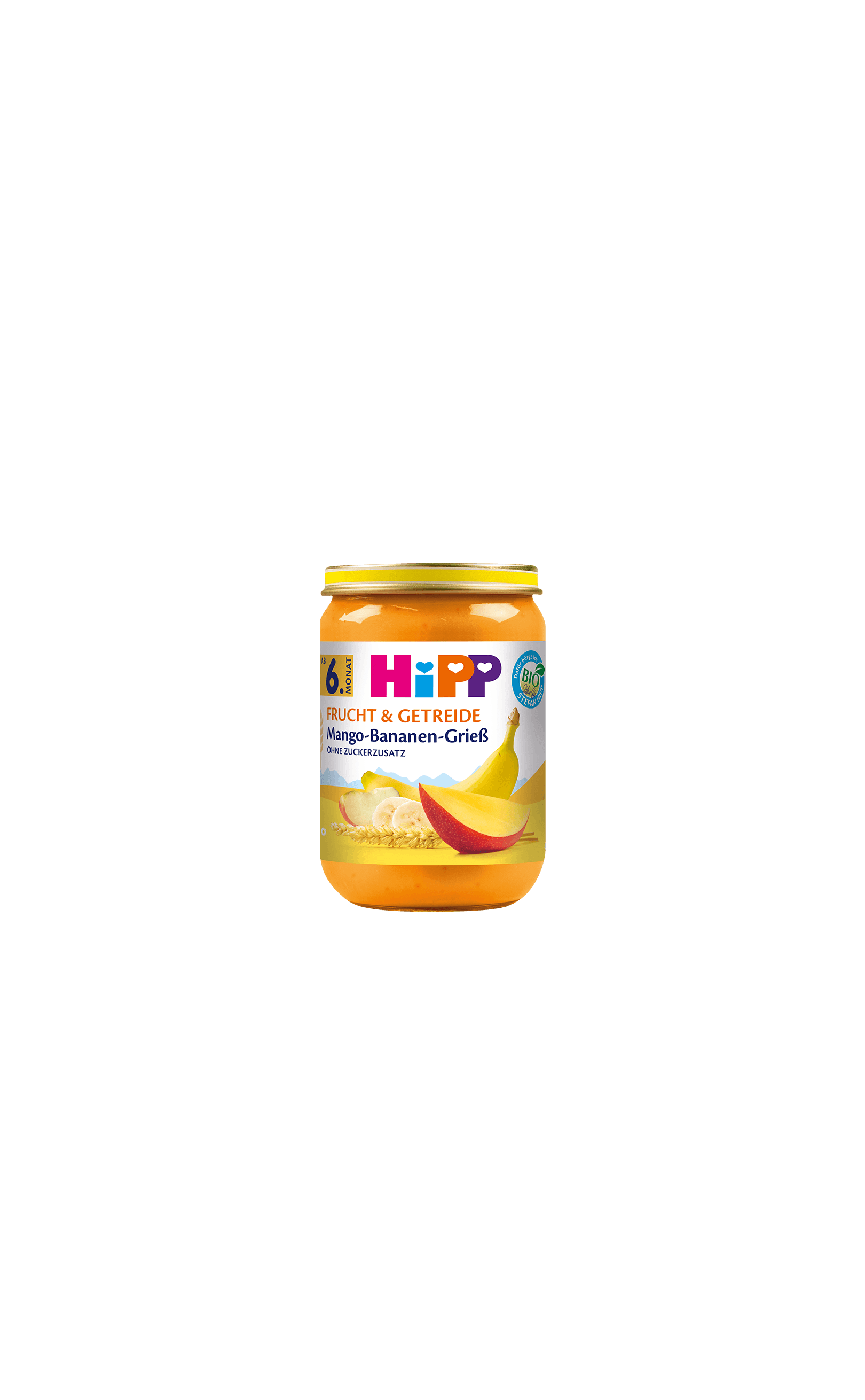 HiPP Bio Frucht & Getreide Glas Mango-Bananen-Grieß 190g für Babys ab 6 Monaten, ohne Zuckerzusatz