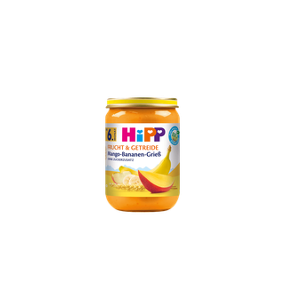 HiPP Bio Frucht & Getreide Glas Mango-Bananen-Grieß 190g für Babys ab 6 Monaten, ohne Zuckerzusatz