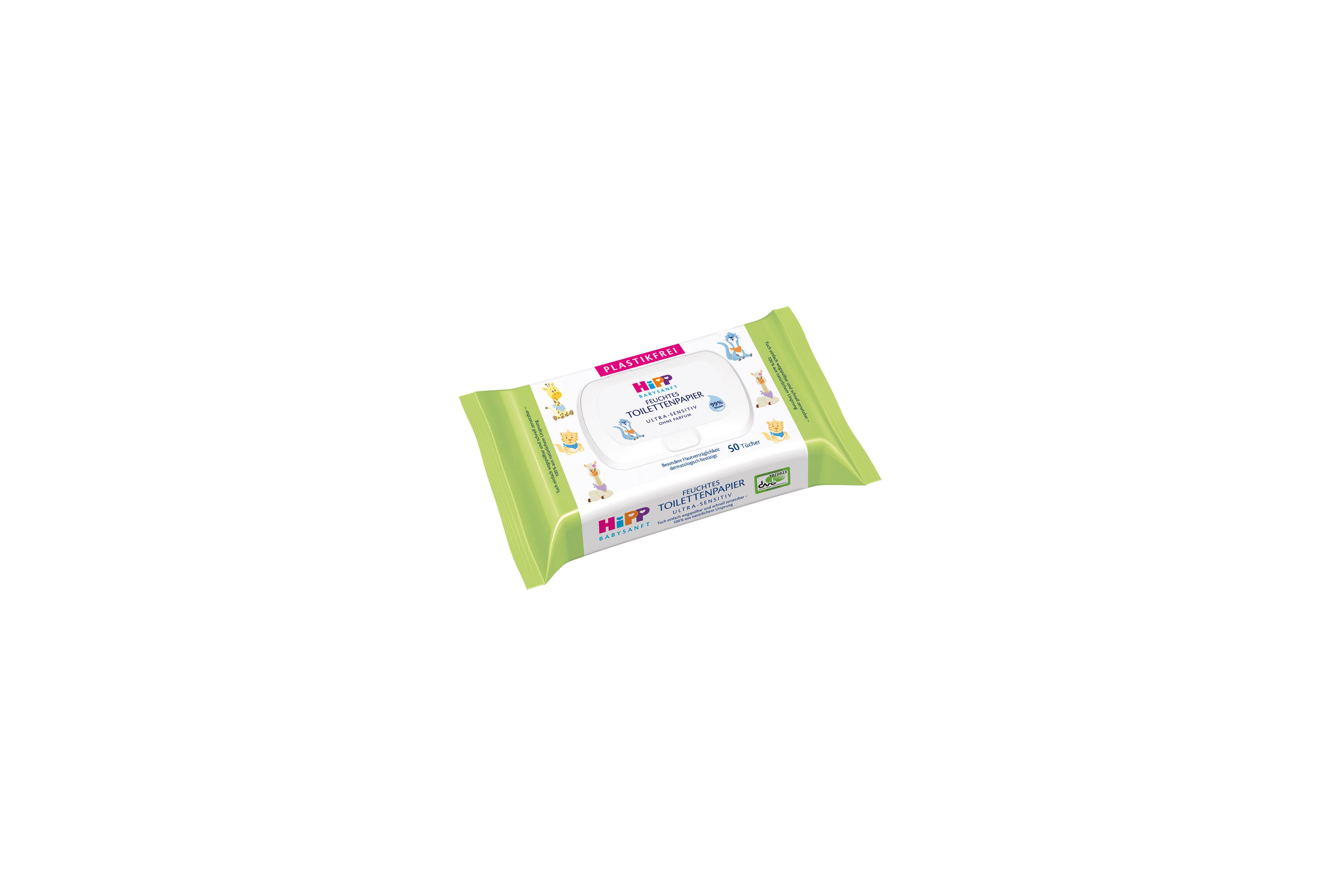 HiPP Feuchtes Toilettenpapier in grüner, plastikfreier 50er-Packung mit Pop-up-Deckel für sensible Kinderhaut