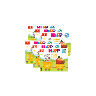 HiPP Bio Mini Desserts Apfel, 24 Becher à 100 g, bunt gestaltete Packungen mit Zebra und Apfelmotiv ab 5. Monat