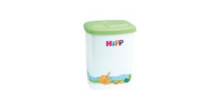 HiPP Milchbox: weiße Aufbewahrungsbox mit grünem Deckel und buntem Elefantenmotiv für Babynahrung oder Milchpulver
